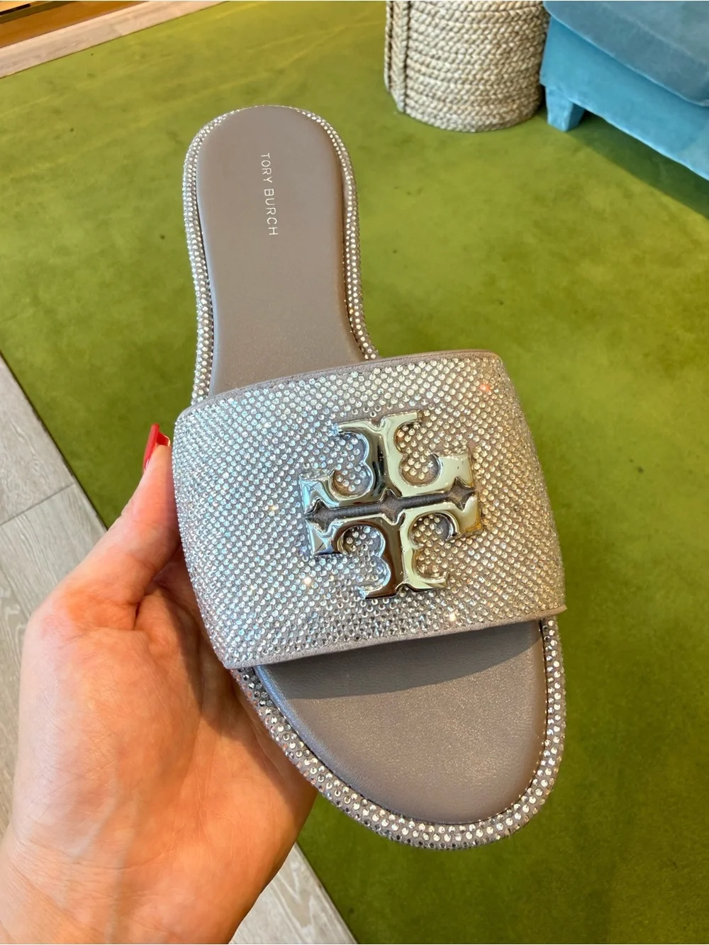 $375‎ Tory Burch Everly Rhinestone Slide Sandals, Dark Clay / Silver, RUNS SMALL